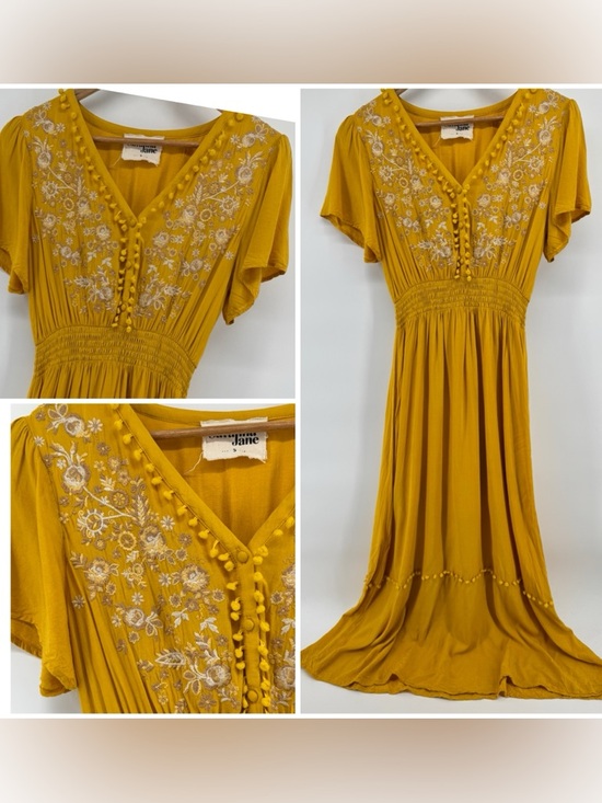Savanna Jane Dresses & Skirts - Savanna Jane Mustard Yellow Embroidered V-Neck Maxi Dress Boho Women's Sz Small
